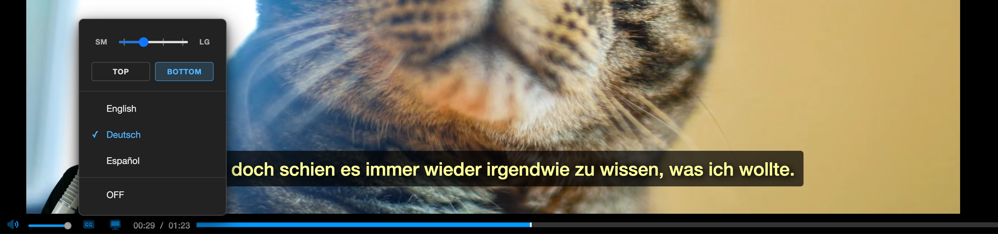 Talk Python course player with the captions popover open, showing the caption size slider, language list (English, Deutsch, Español), and OFF row