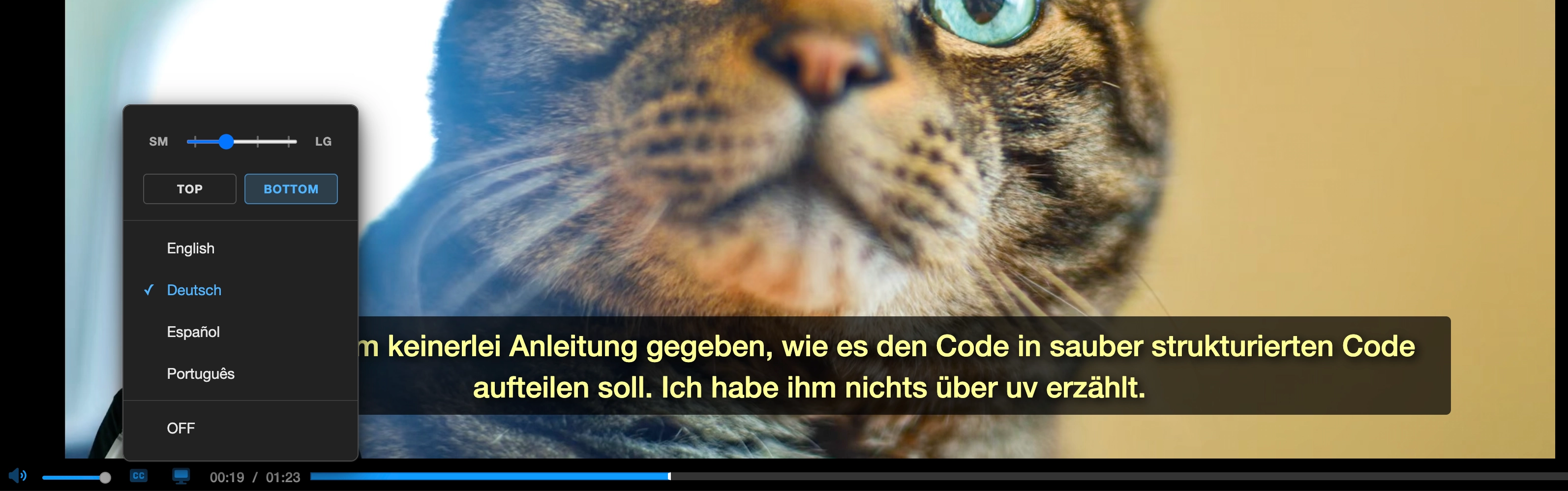 Talk Python course player with the captions popover open, showing the caption size slider, language list (English, Deutsch, Español), and OFF row